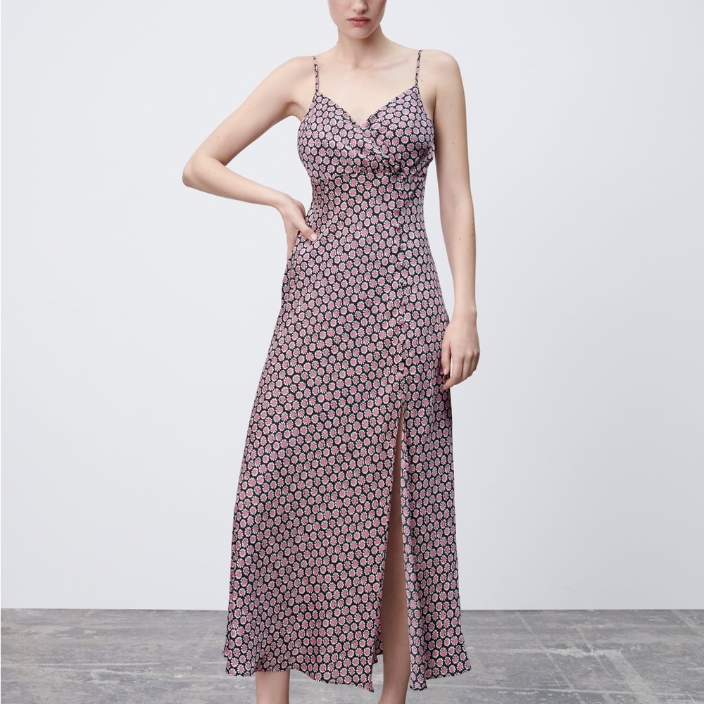 ZARA Slip Satin Floral Midi Dress